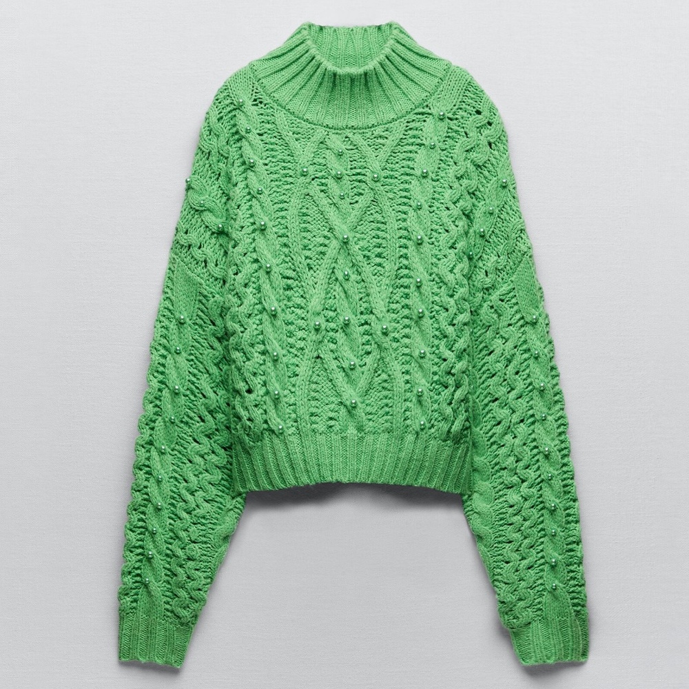 Zara green oversized cable-knit chunky sweater with pearls NWT